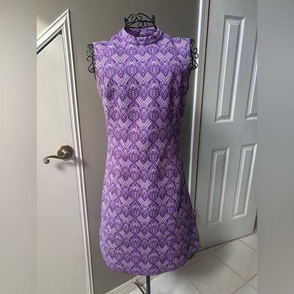 Vintage 60s Handmade Purple Mod Mini Dress Sleeveless High Neck Geometric Print - Picture 2 of 8
